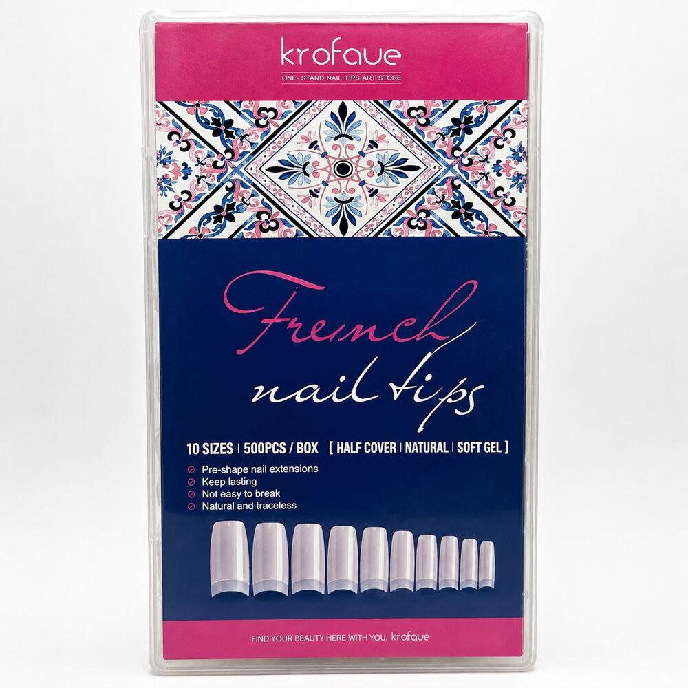 Krofaue French Nail Tips 500pc 10 Sizes Half Cover Natural Soft Gel NEW